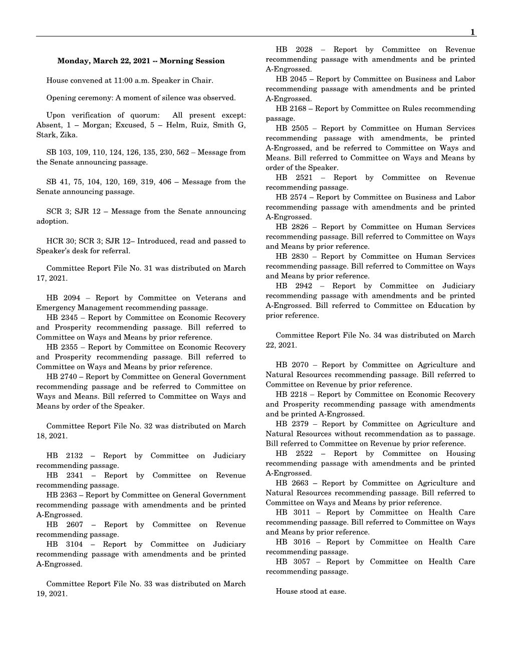 Monday, March 22, 2021 -- Morning Session Recommending Passage with Amendments and Be Printed A-Engrossed