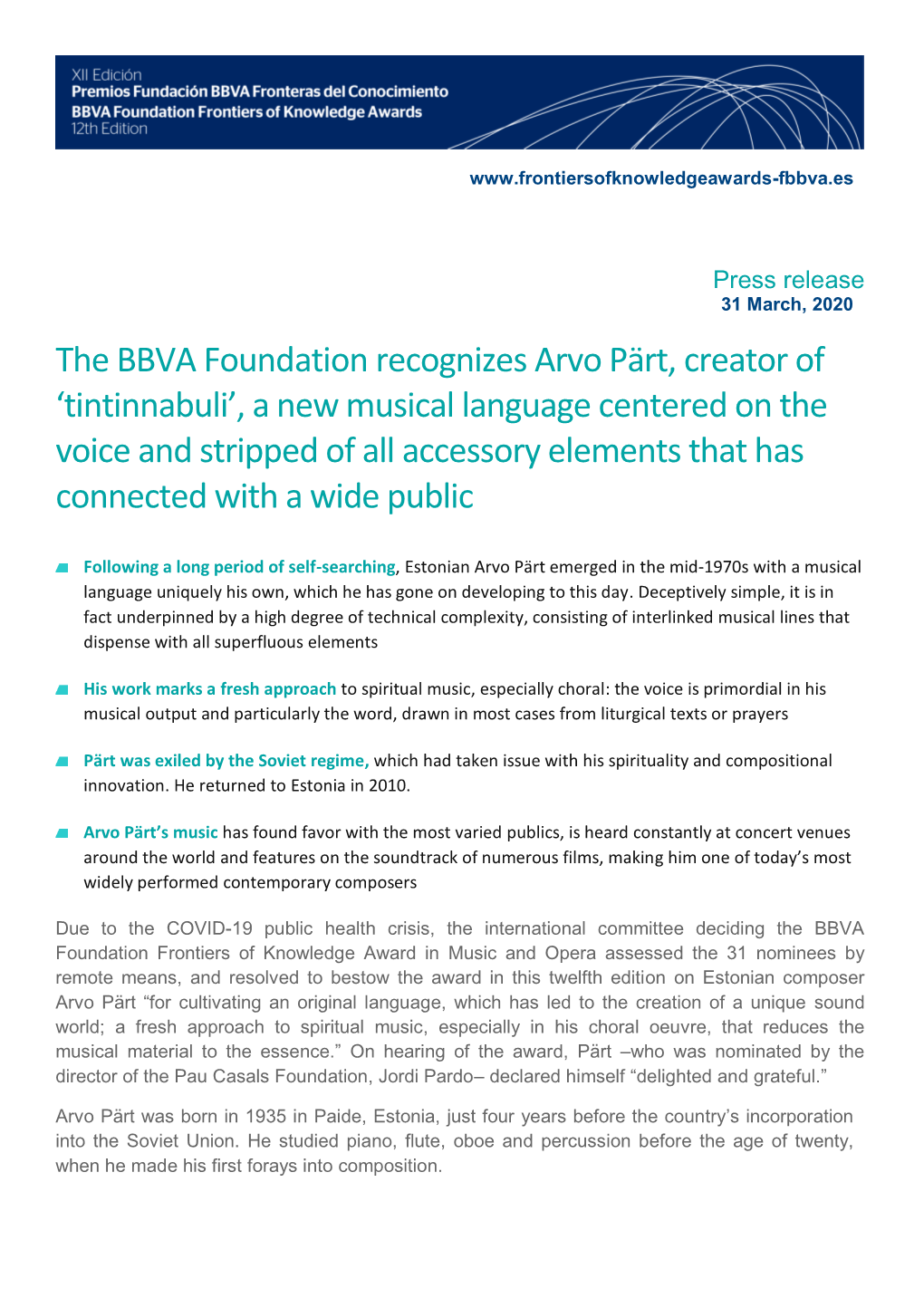 The BBVA Foundation Recognizes Arvo Pärt, Creator of 'Tintinnabuli', A