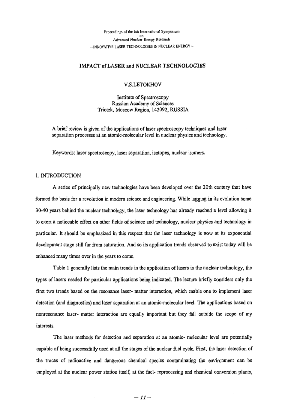 IMPACT of LASER and NUCLEAR TECHNOLOGIES V.S.LETOKHOV