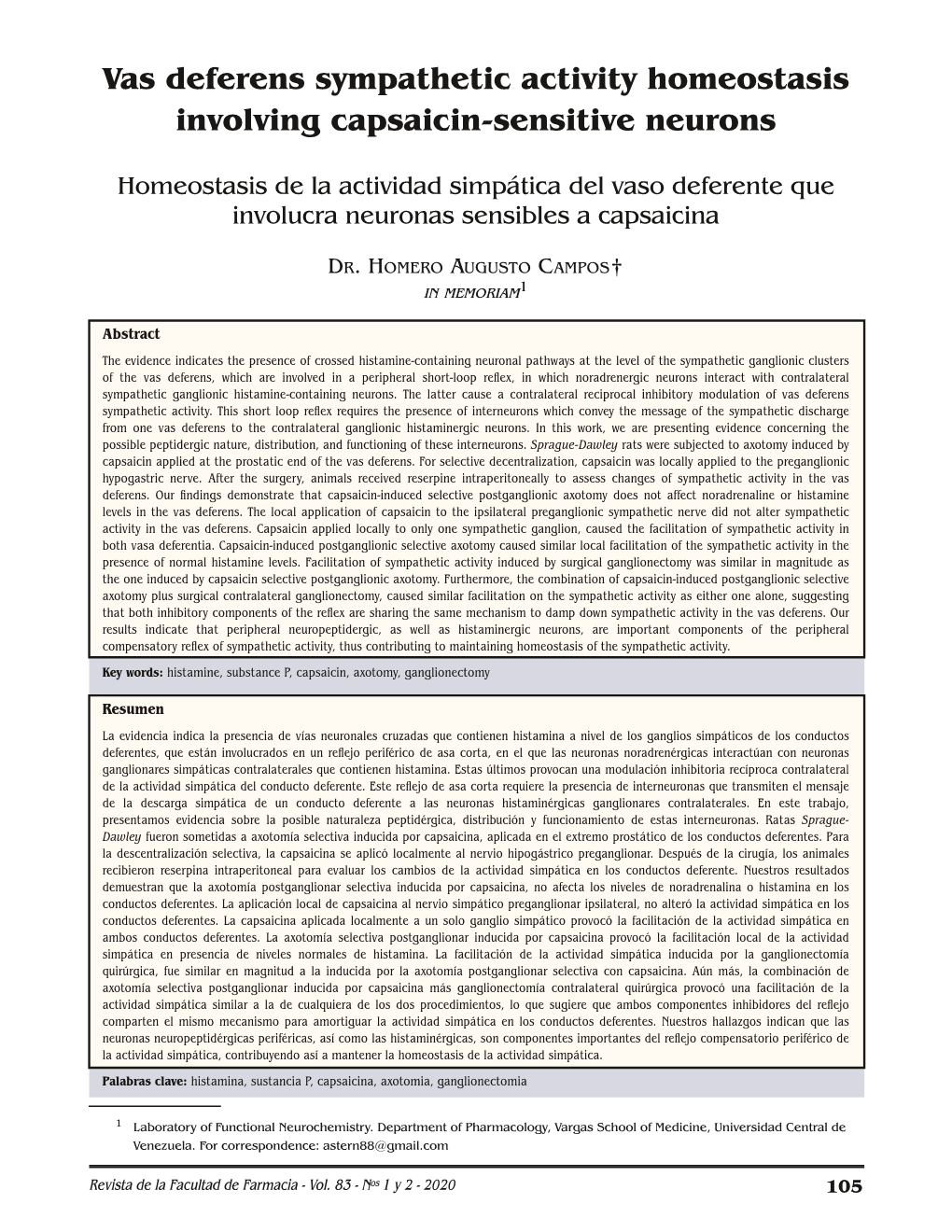 Vas Deferens Sympathetic Activity Homeostasis Involving Capsaicin-Sensitive Neurons