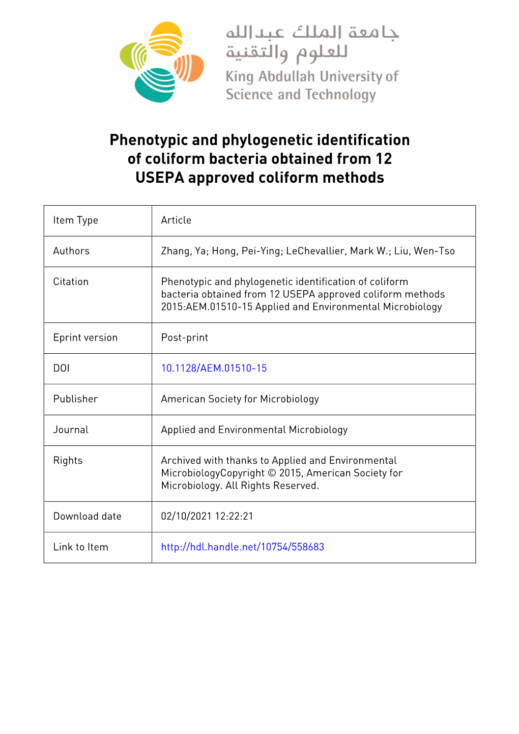 Phenotypic and Phylogenetic Identification of Coliform Bacteria Obtained from 12 USEPA Approved Coliform Methods