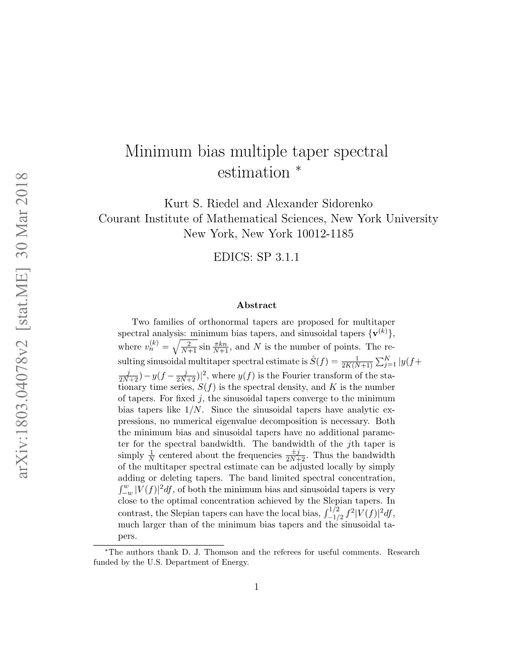 Minimum Bias Multiple Taper Spectral Estimation Arxiv:1803.04078V2