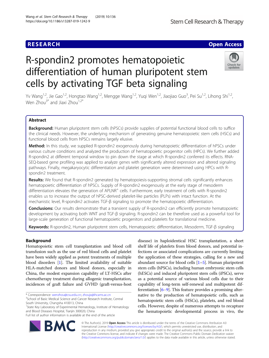 R-Spondin2 Promotes Hematopoietic Differentiation of Human Pluripotent Stem Cells by Activating TGF Beta Signaling