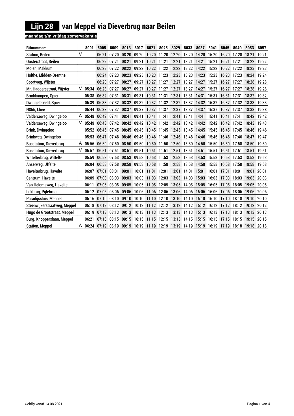 Lijn 28 Van Meppel Via Dieverbrug Naar Beilen Maandag T/M Vrijdag Zomervakantie