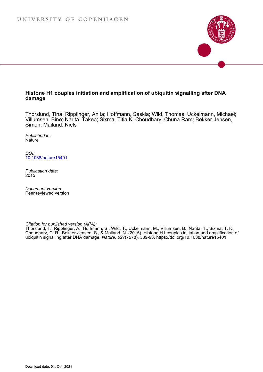 Histone H1 Couples Initiation and Amplification of Ubiquitin Signalling After DNA Damage