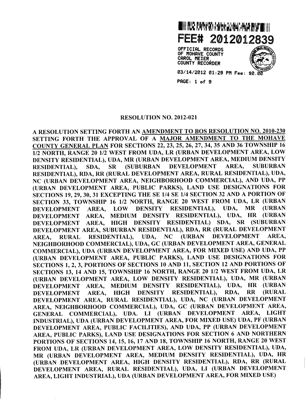 Fee 2012012839 Official of Mohave Recordscounty Carol Meier County Recorder