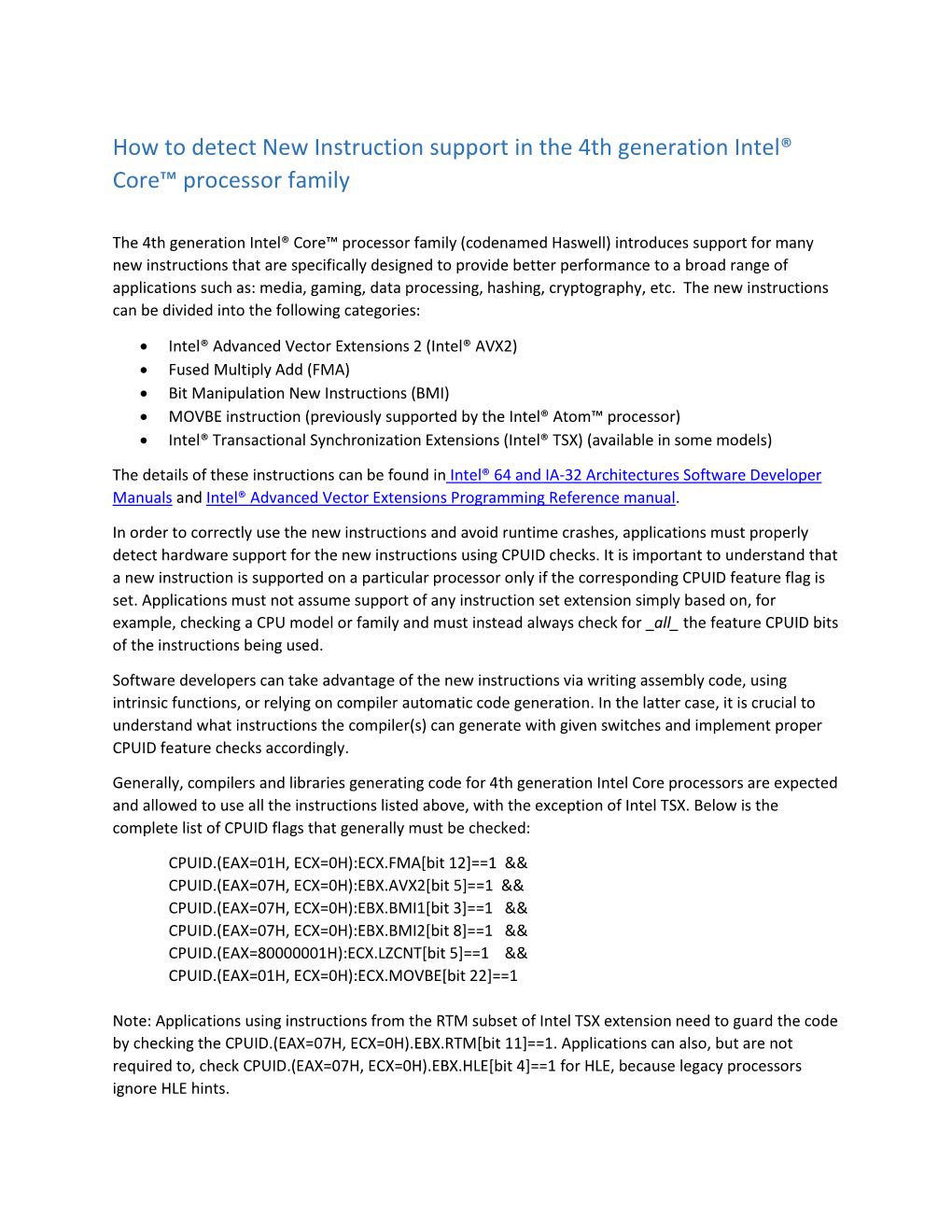 How to Detect New Instruction Support in the 4Th Generation Intel® Core™ Processor Family