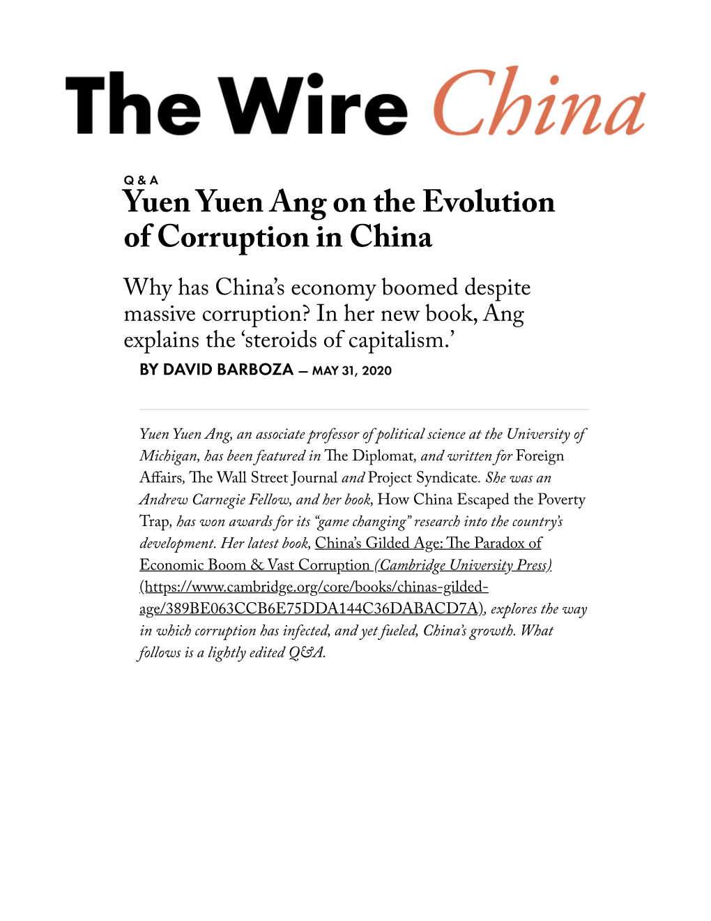 Yuen Yuen Ang on the Evolution of Corruption in China