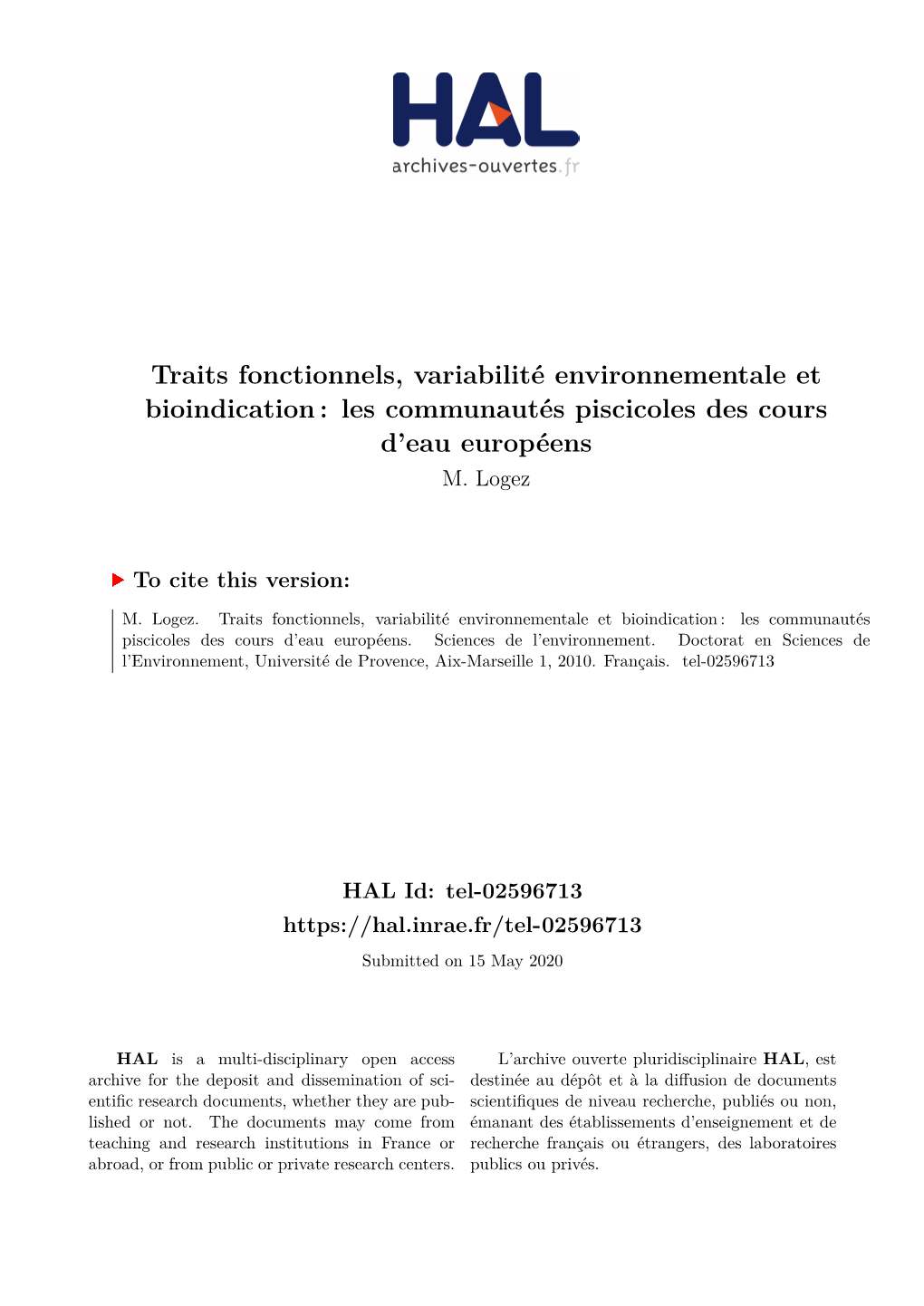 Traits Fonctionnels, Variabilité Environnementale Et Bioindication : Les Communautés Piscicoles Des Cours D’Eau Européens M