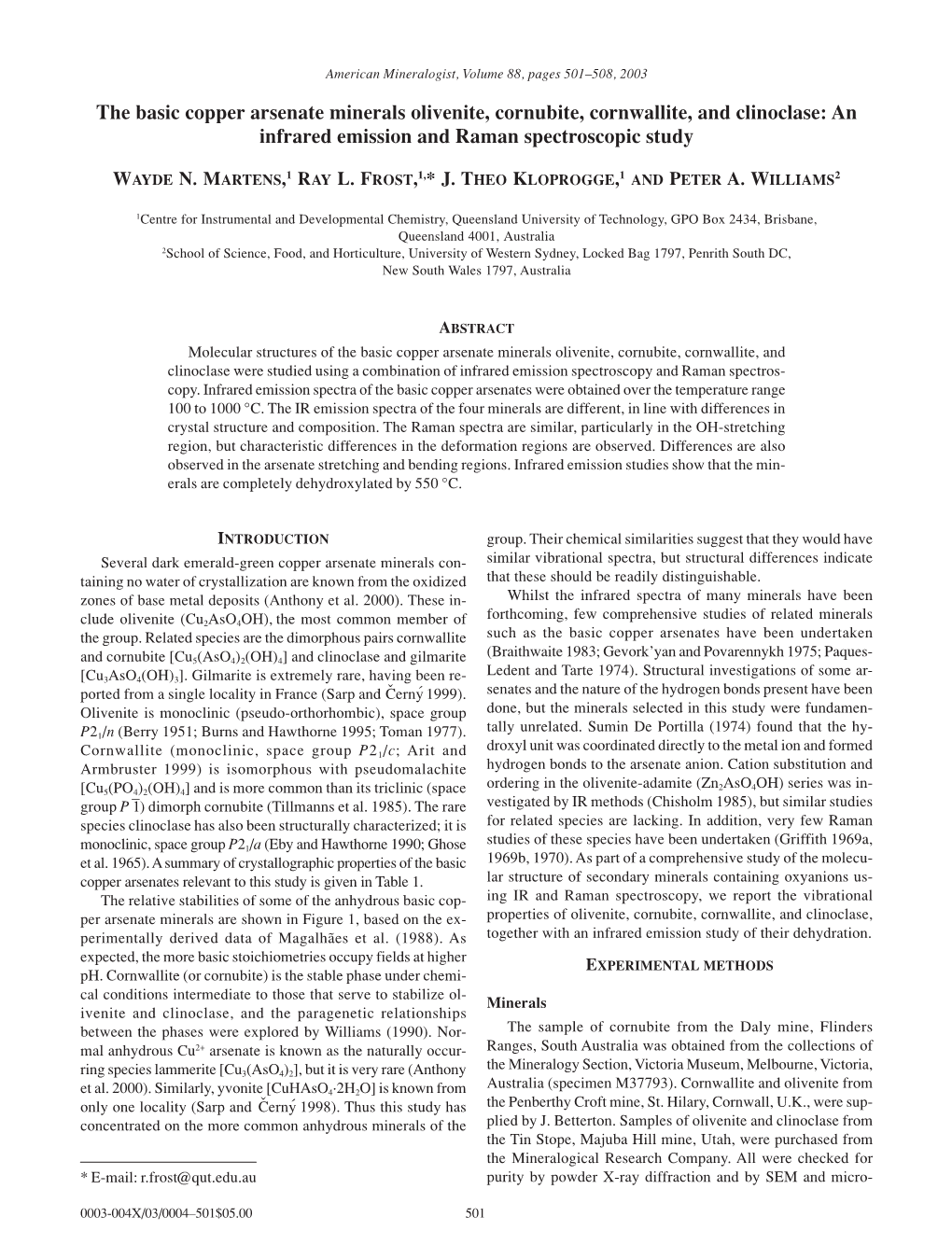 The Basic Copper Arsenate Minerals Olivenite, Cornubite, Cornwallite, and Clinoclase: an Infrared Emission and Raman Spectroscopic Study