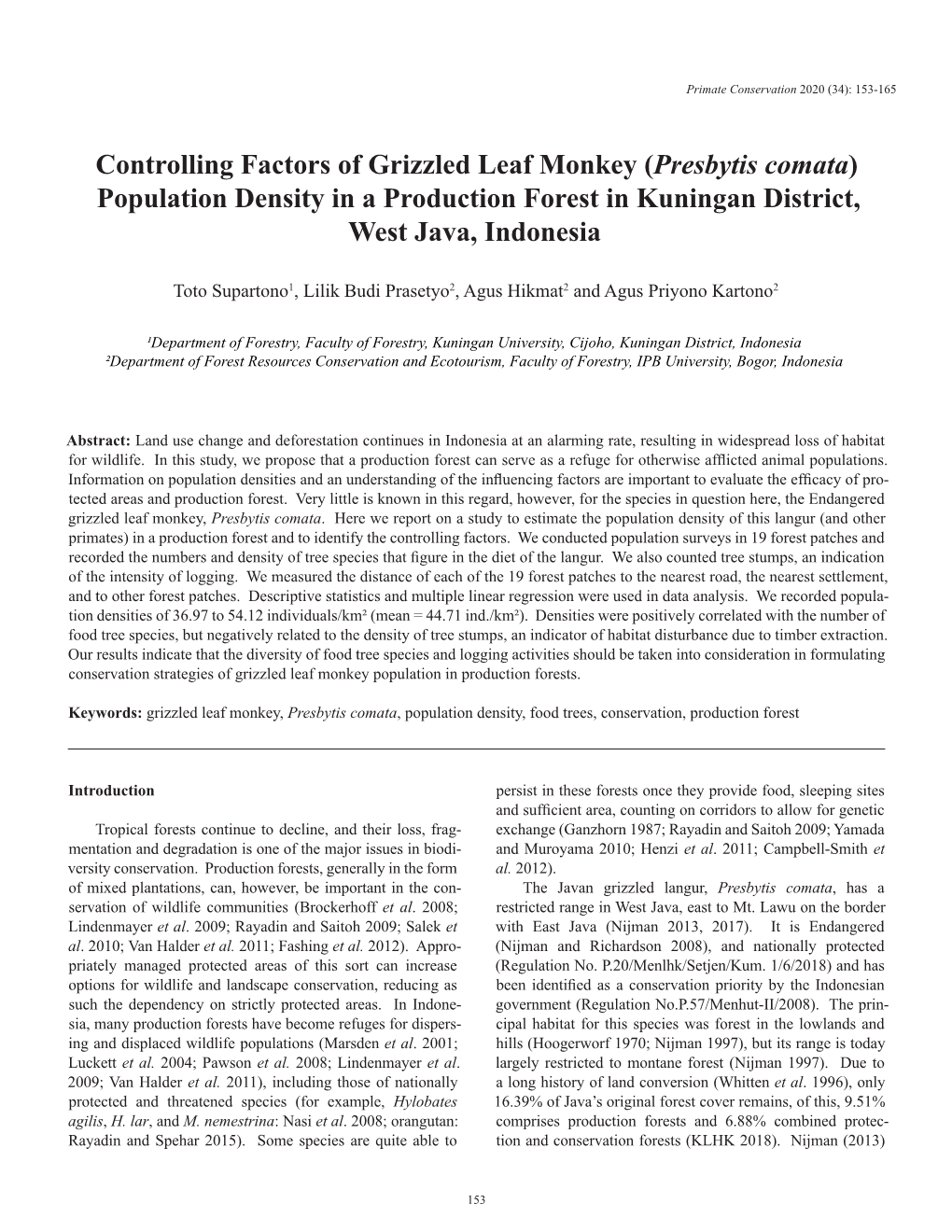 Presbytis Comata) Population Density in a Production Forest in Kuningan District, West Java, Indonesia