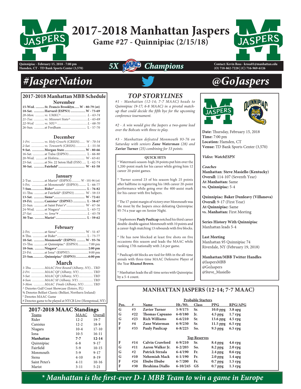 2017-2018 Manhattan Jaspers Game #27 - Quinnipiac (2/15/18)