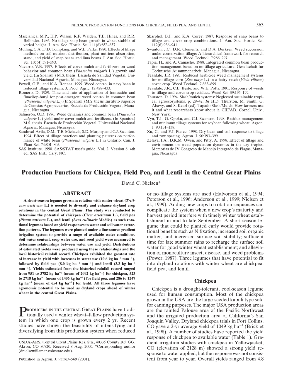 Production Functions for Chickpea, Field Pea, and Lentil in the Central Great Plains