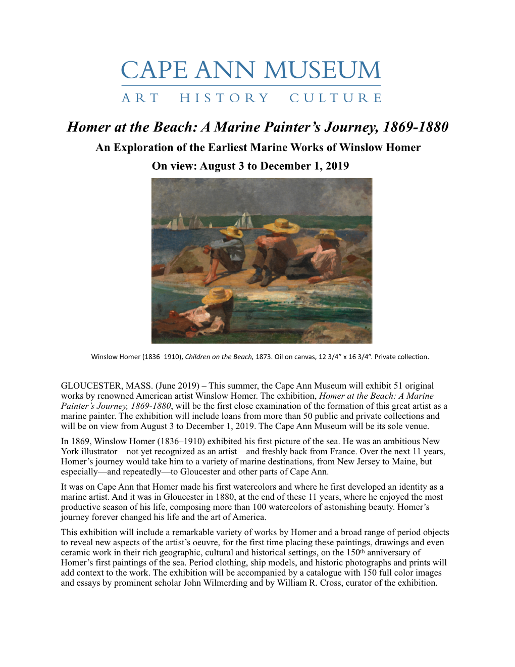 Homer at the Beach: a Marine Painter's Journey, 1869-1880