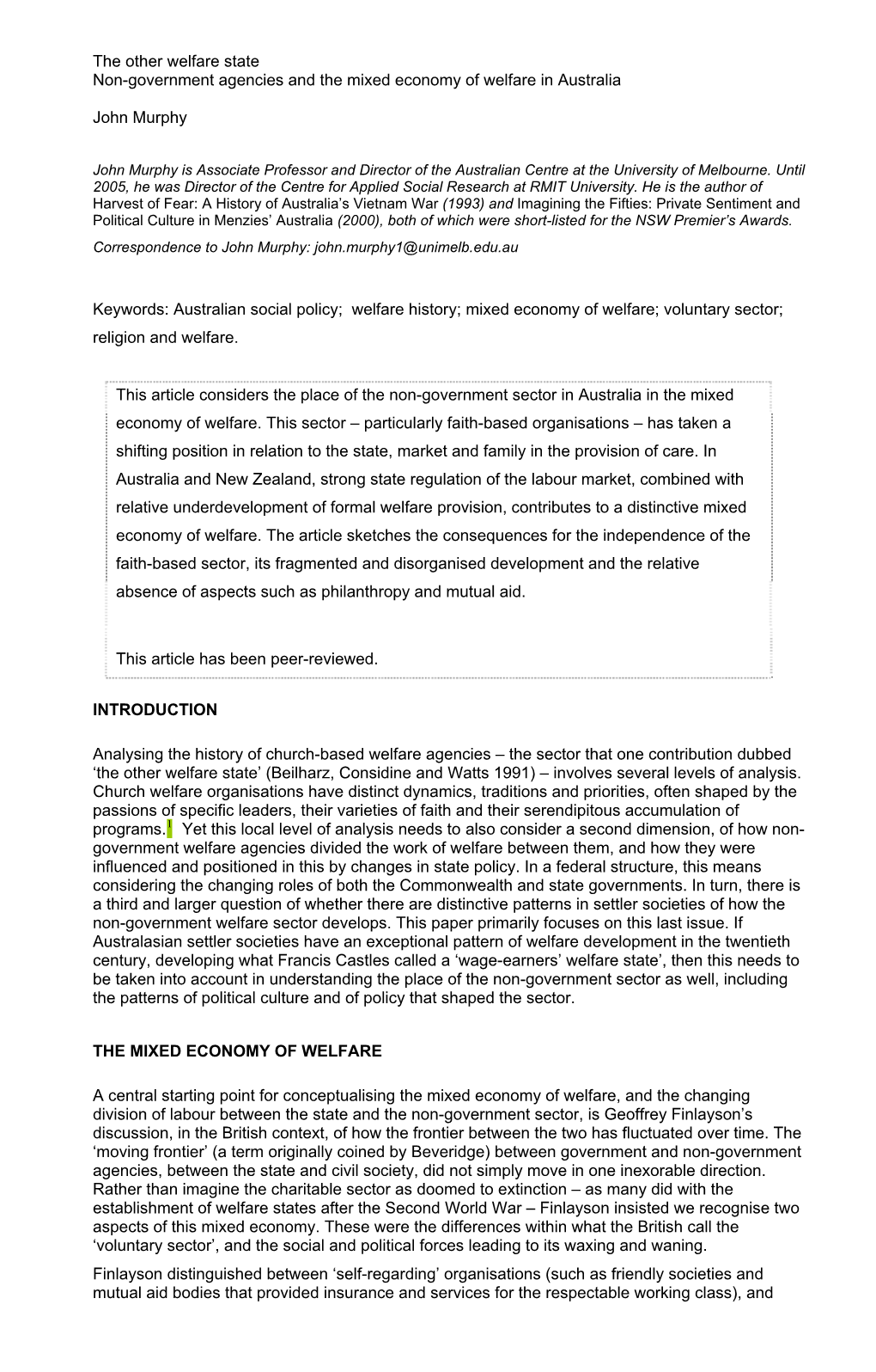 Non-Government Agencies and the Mixed Economy of Welfare in Australia