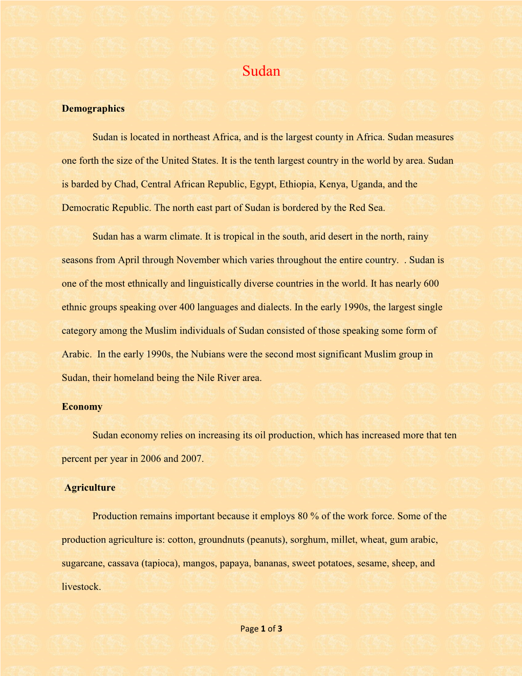 Demographics Sudan Is Located in Northeast Africa, and Is the Largest