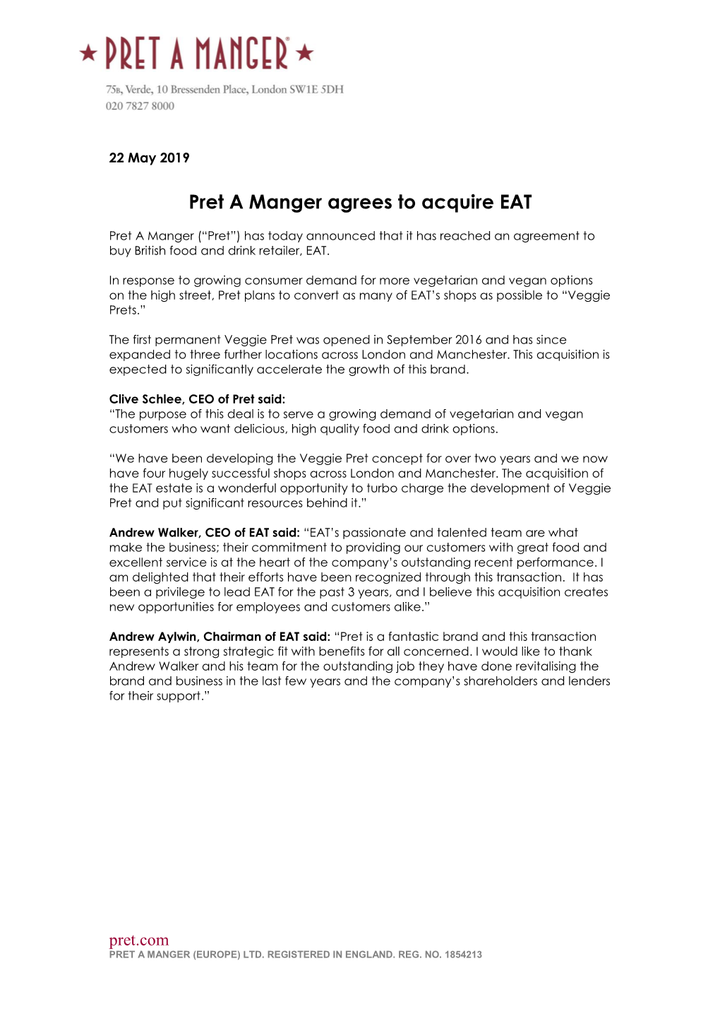 Press Release Pret a Manger Acquires