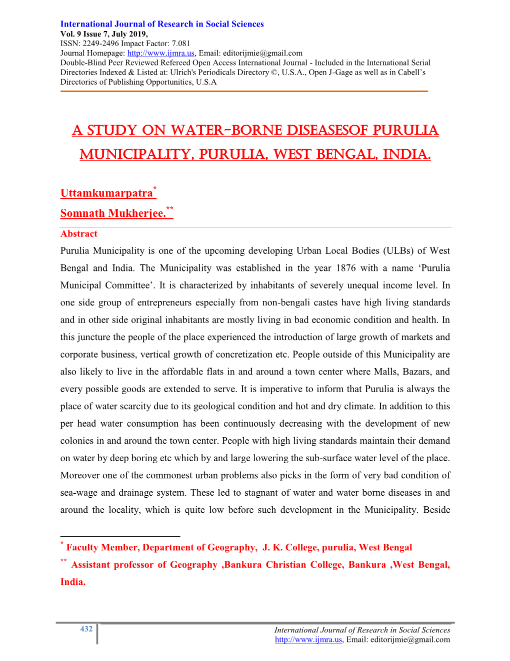 A Study on Water-Borne Diseasesof Purulia Municipality, Purulia, West Bengal, India