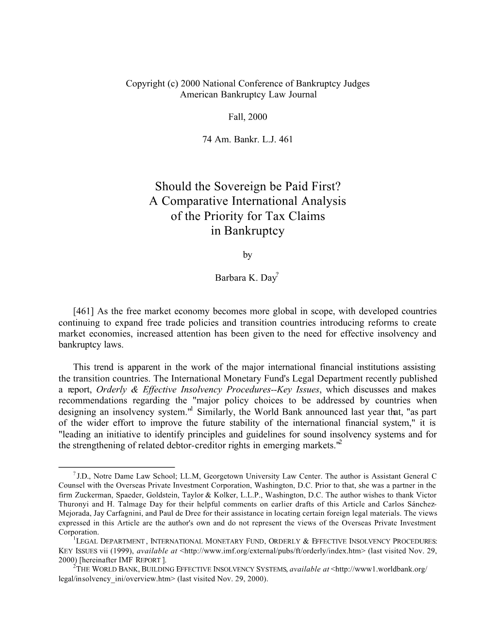 A Comparative International Analysis of the Priority for Tax Claims in Bankruptcy