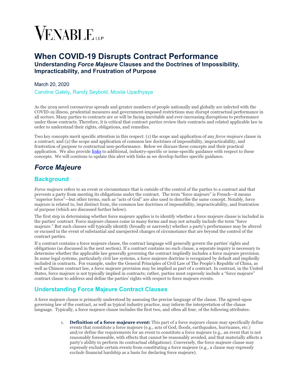 When COVID-19 Disrupts Contract Performance Understanding Force Majeure Clauses and the Doctrines of Impossibility, Impracticability, and Frustration of Purpose