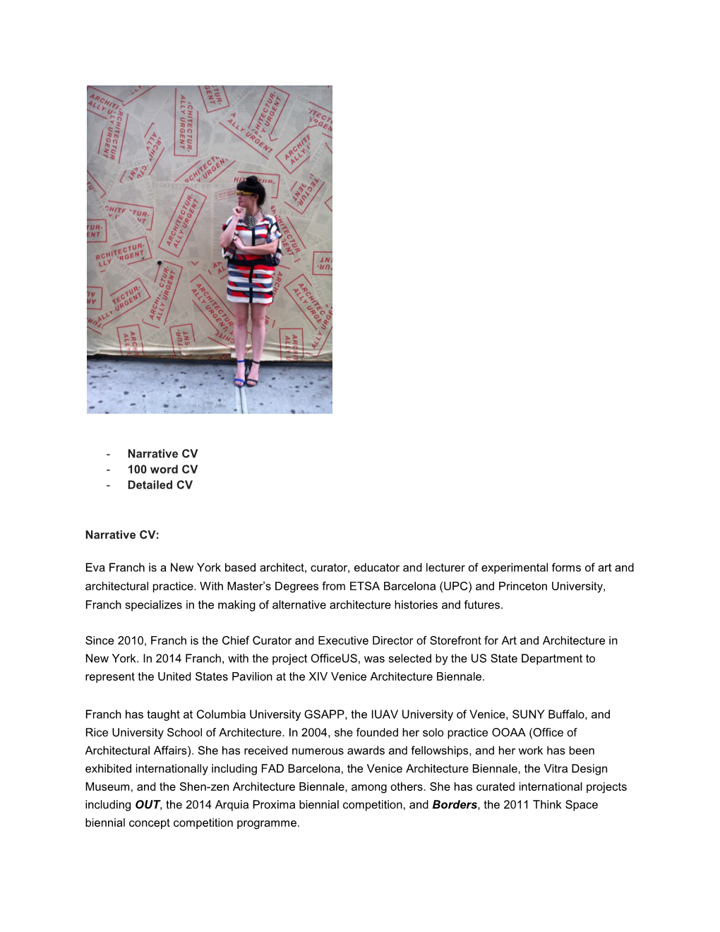 Eva Franch Is a New York Based Architect, Curator, Educator and Lecturer of Experimental Forms of Art and Architectural Practice