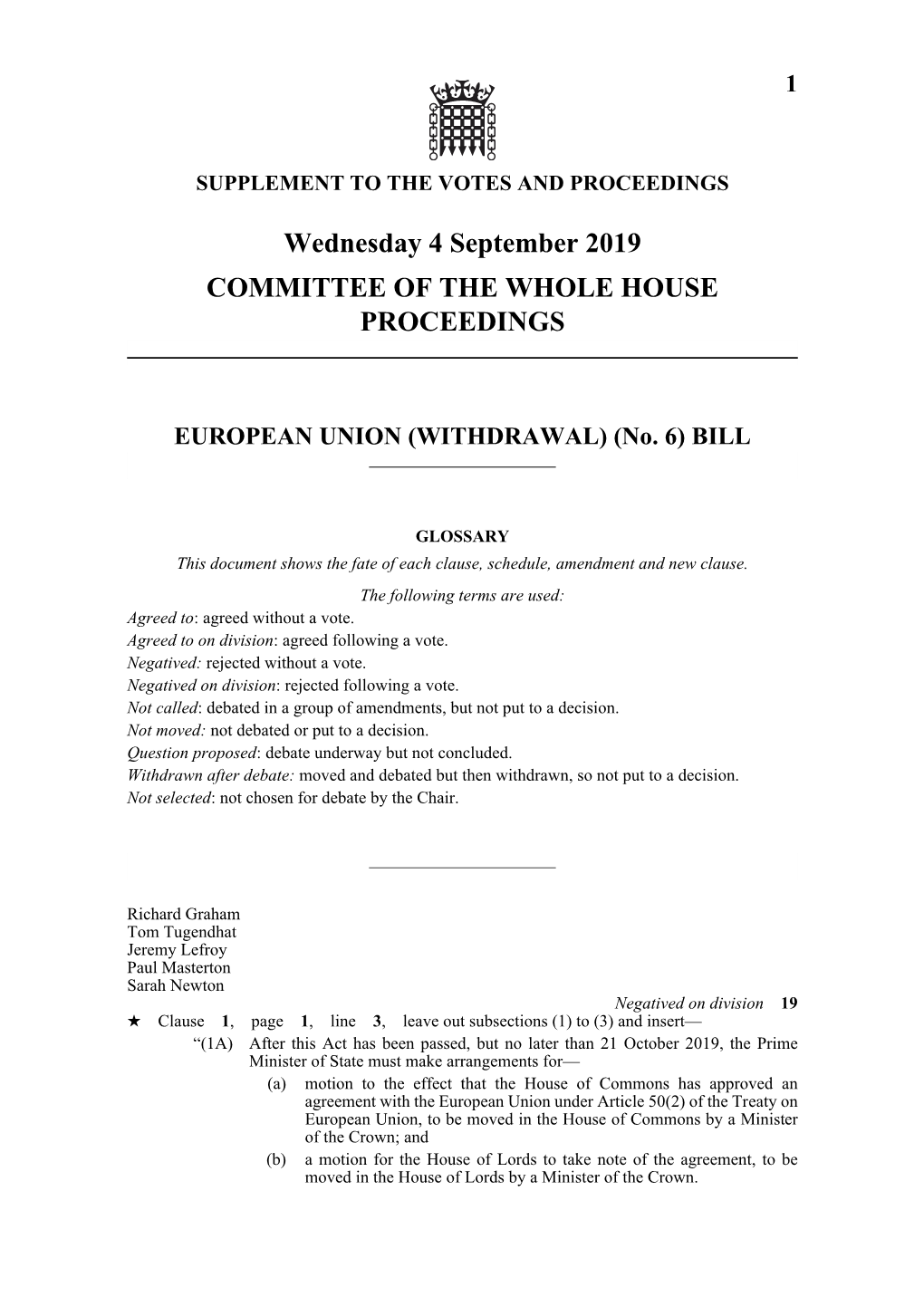 Wednesday 4 September 2019 COMMITTEE of the WHOLE HOUSE PROCEEDINGS