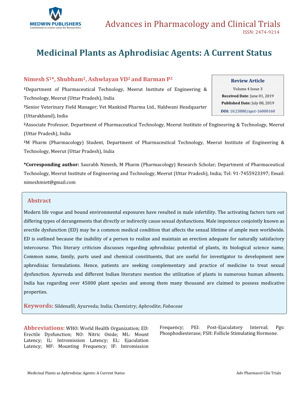 Medicinal Plants As Aphrodisiac Agents: a Current Status