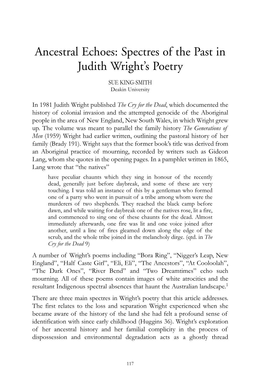 Ancestral Echoes: Spectres of the Past in Judith Wright's Poetry