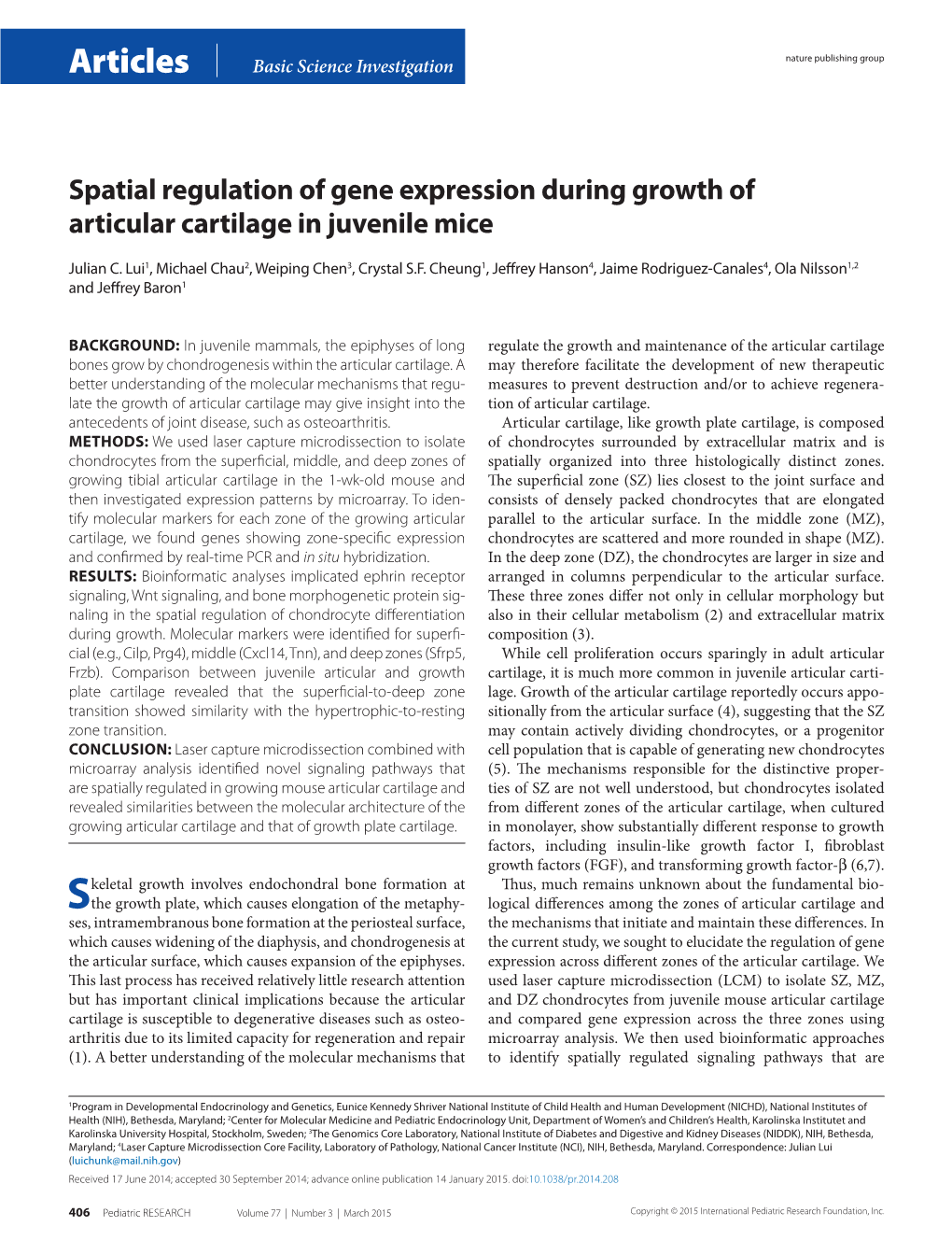 Spatial Regulation of Gene Expression During Growth of Articular Cartilage in Juvenile Mice