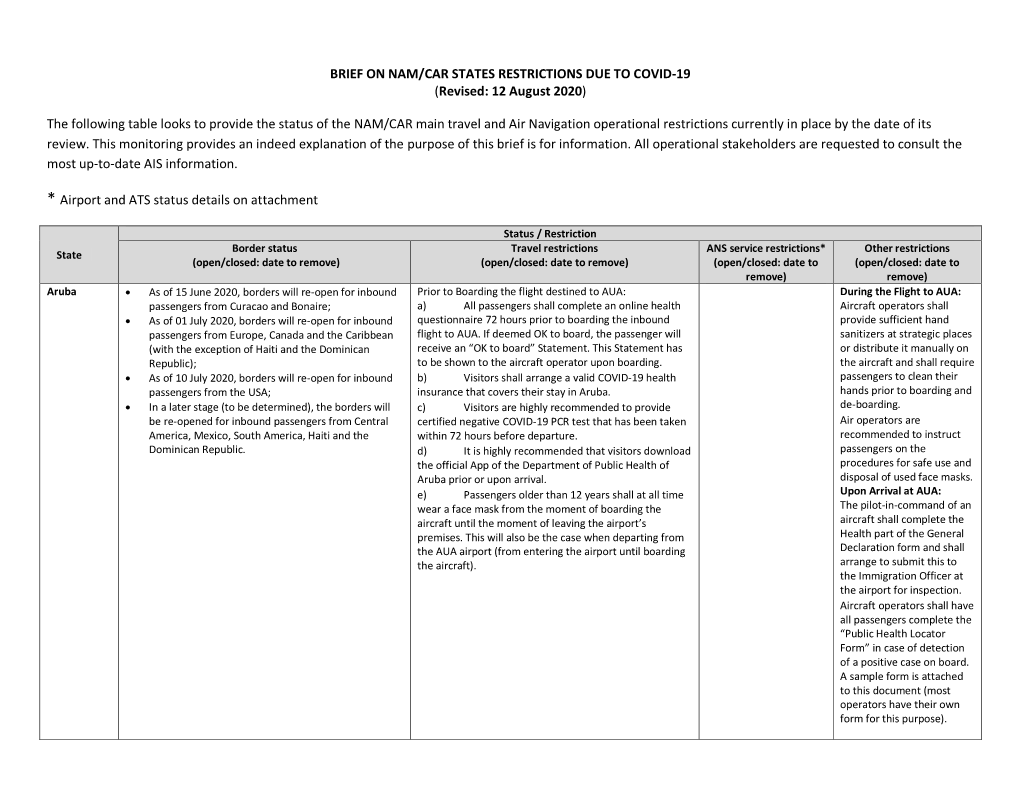 BRIEF on NAM/CAR STATES RESTRICTIONS DUE to COVID-19 (Revised: 12 August 2020)