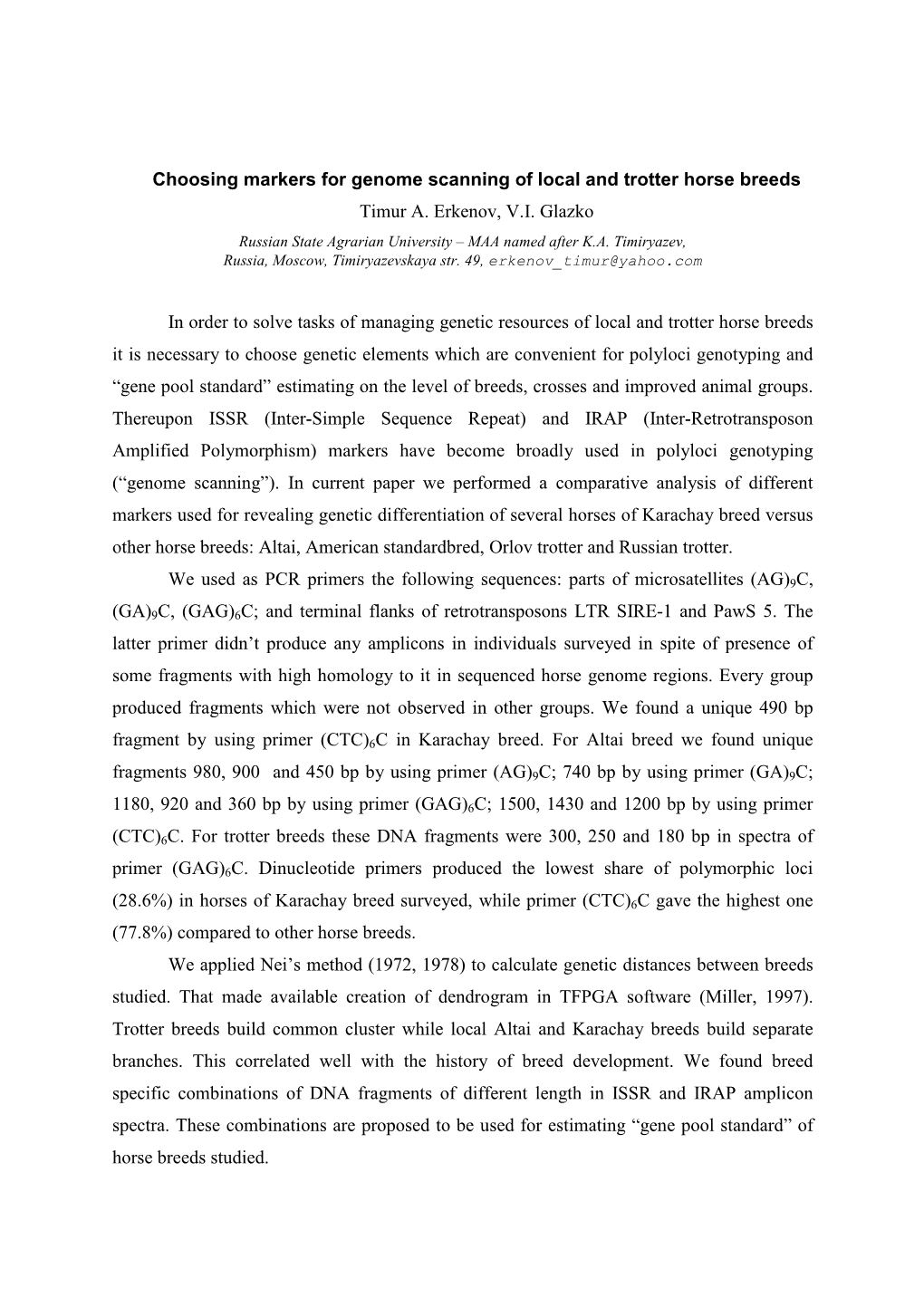 Choosing Markers for Genome Scanning of Local and Trotter Horse Breeds Timur A