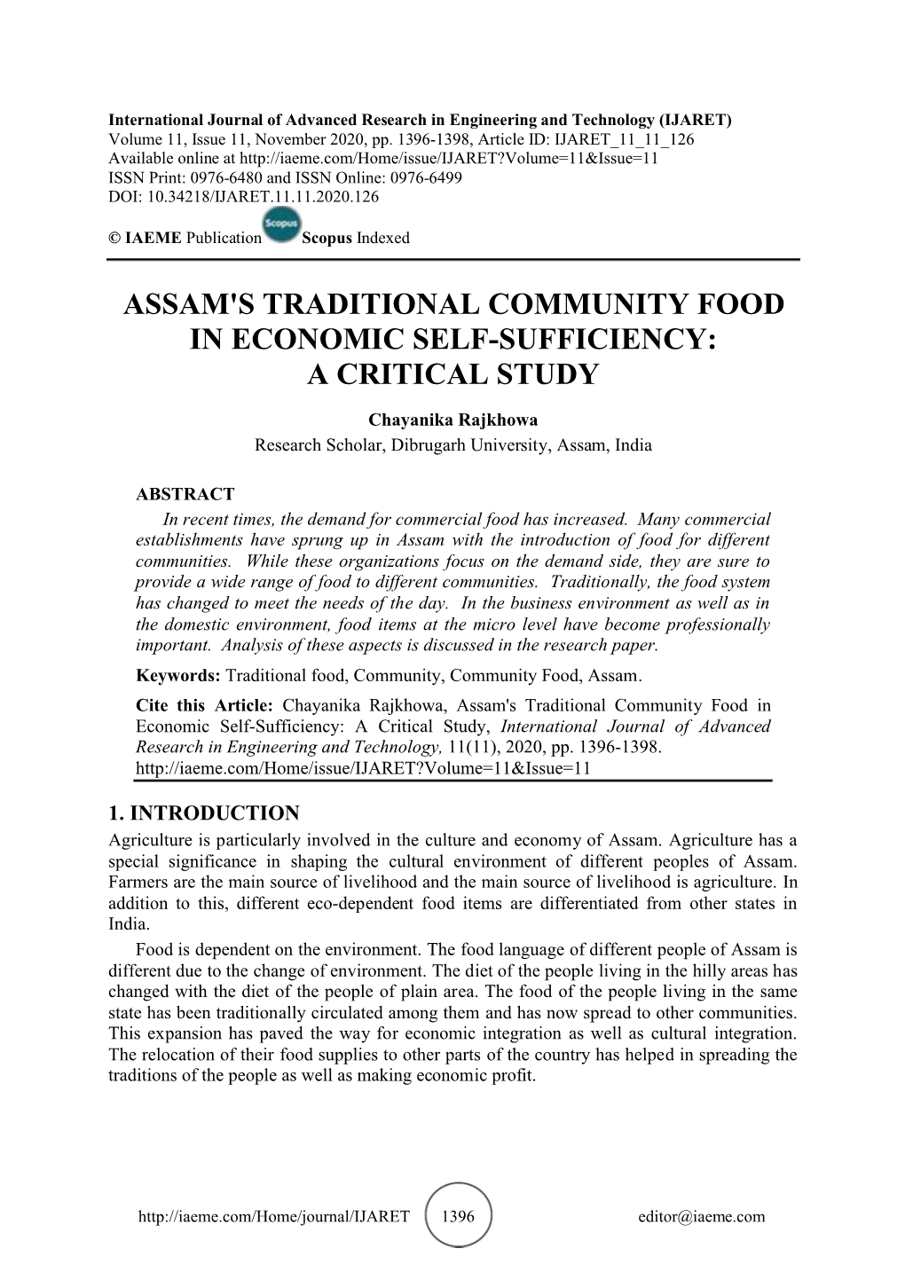 Assam's Traditional Community Food in Economic Self-Sufficiency: a Critical Study