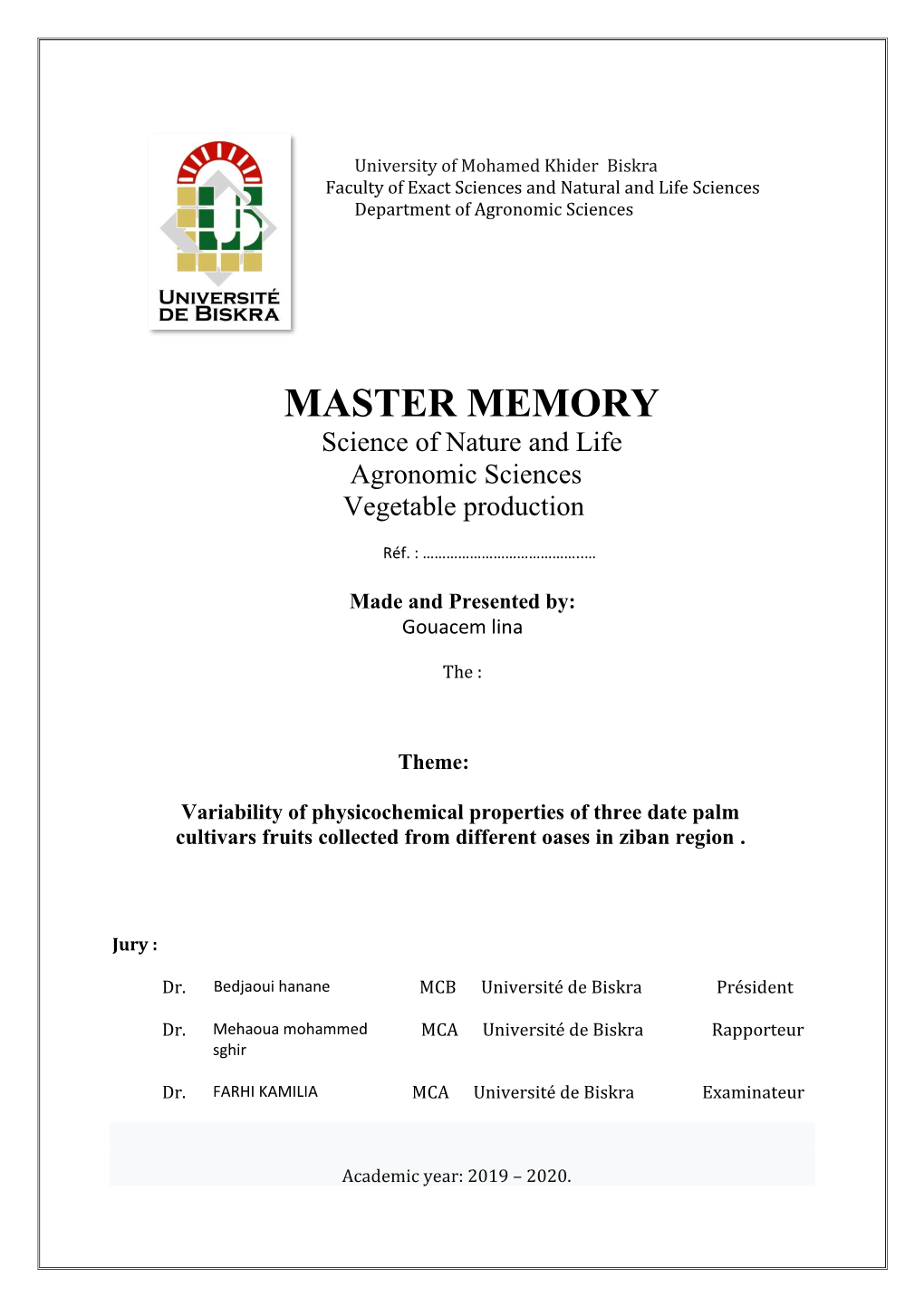 MASTER MEMORY Science of Nature and Life Agronomic Sciences Vegetable Production