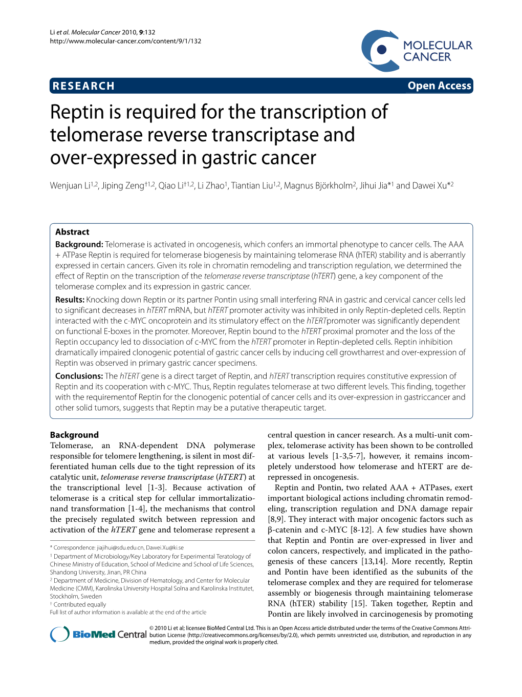 Reptin Is Required for the Transcription of Telomerase Reverse Transcriptase