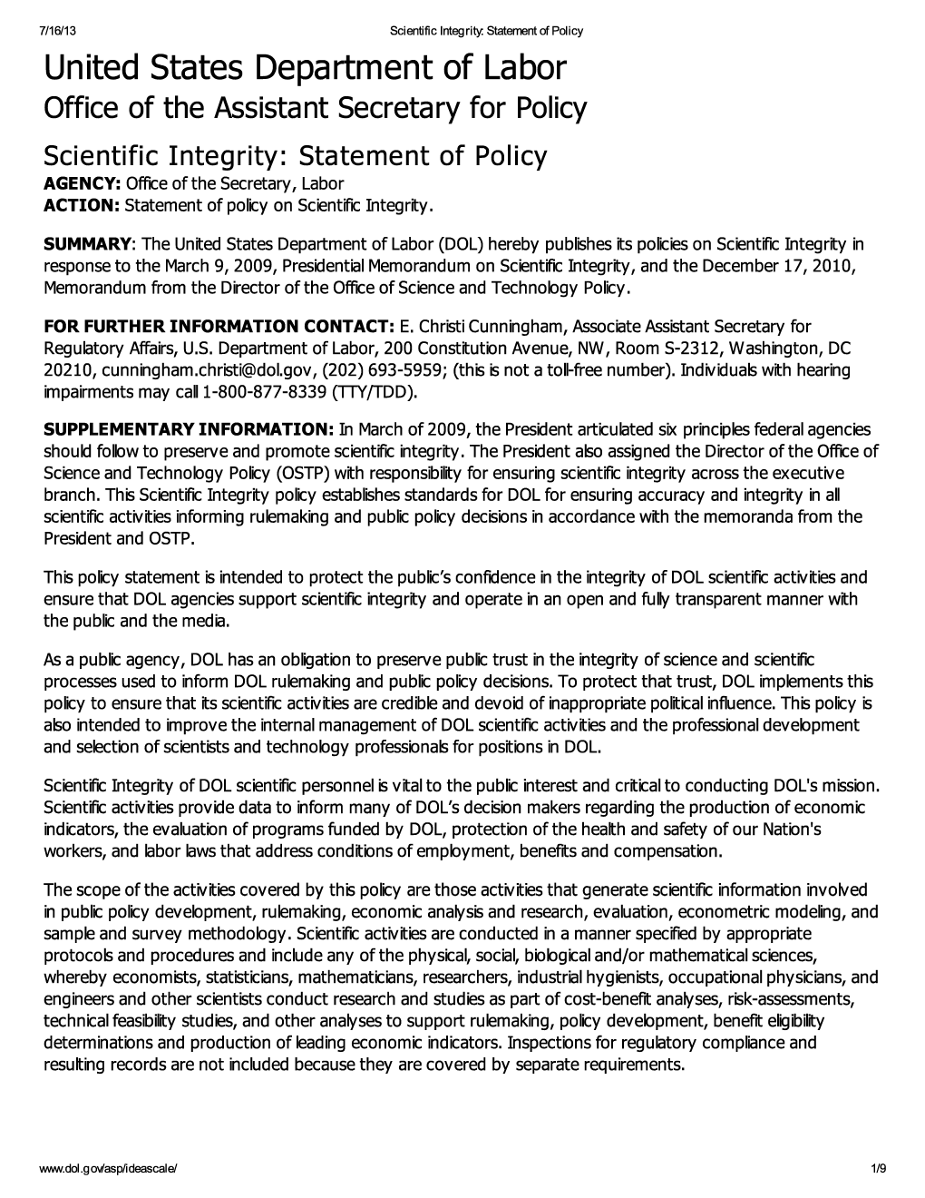 Scientific Integrity: Statement of Policy AGENCY: Office of the Secretary, Labor ACTION: Statement of Policy on Scientific Integrity