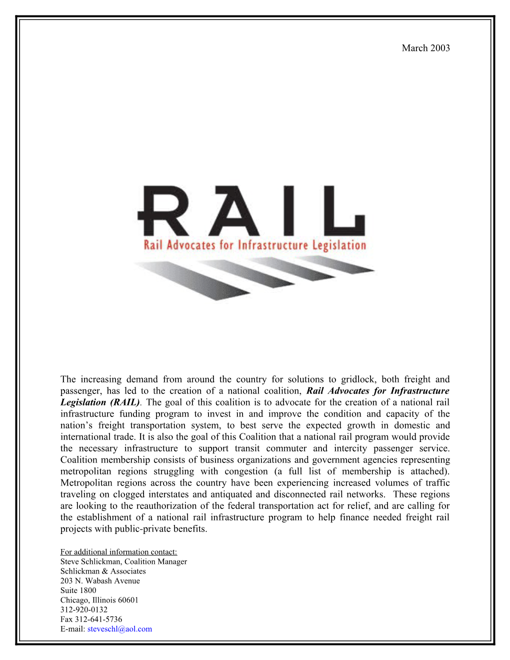 INTRO Goal Rail Infrastructure Funding Program the Increasing Demand from Around the Country