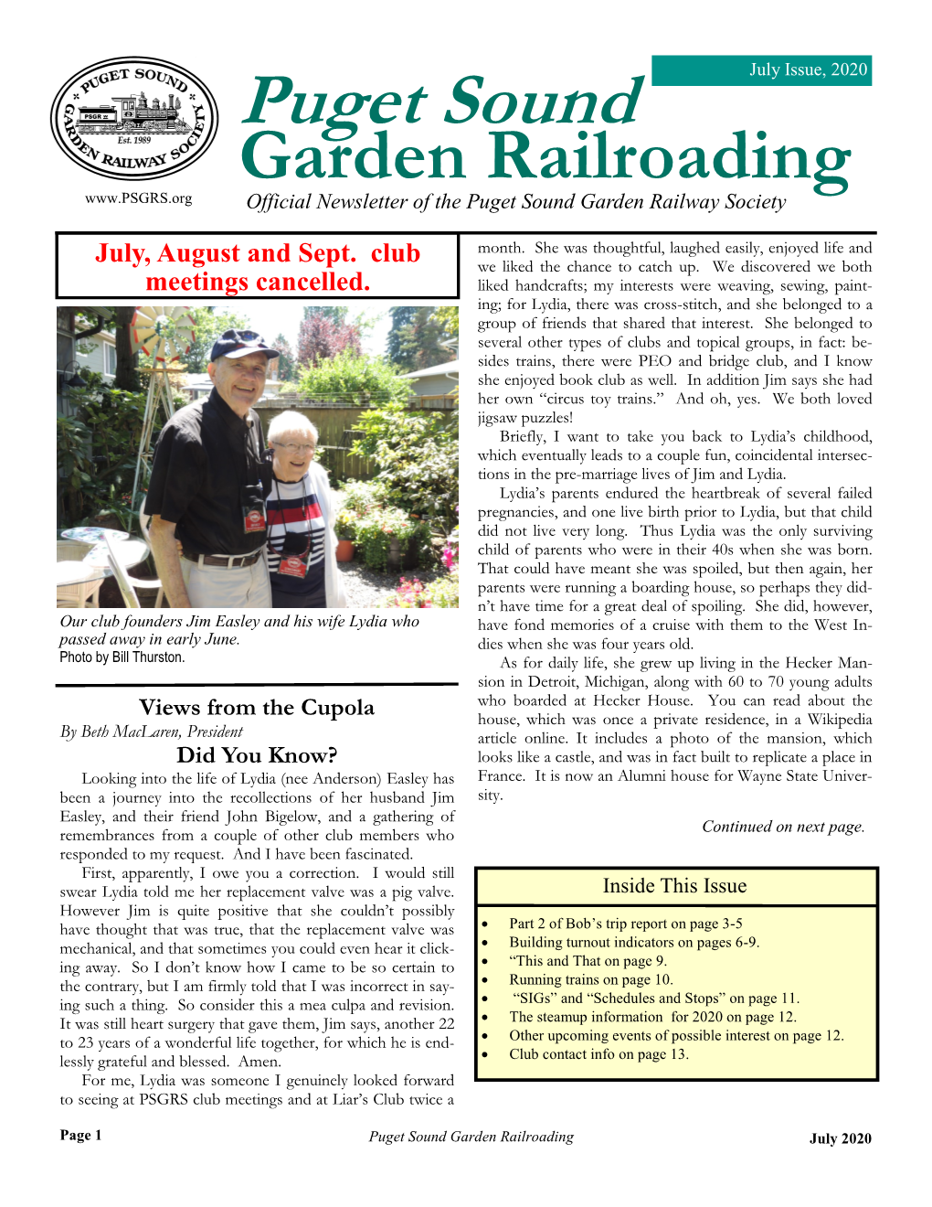 Puget Sound July Issue, 2020 Garden Railroading Official Newsletter of the Puget Sound Garden Railway Society Month