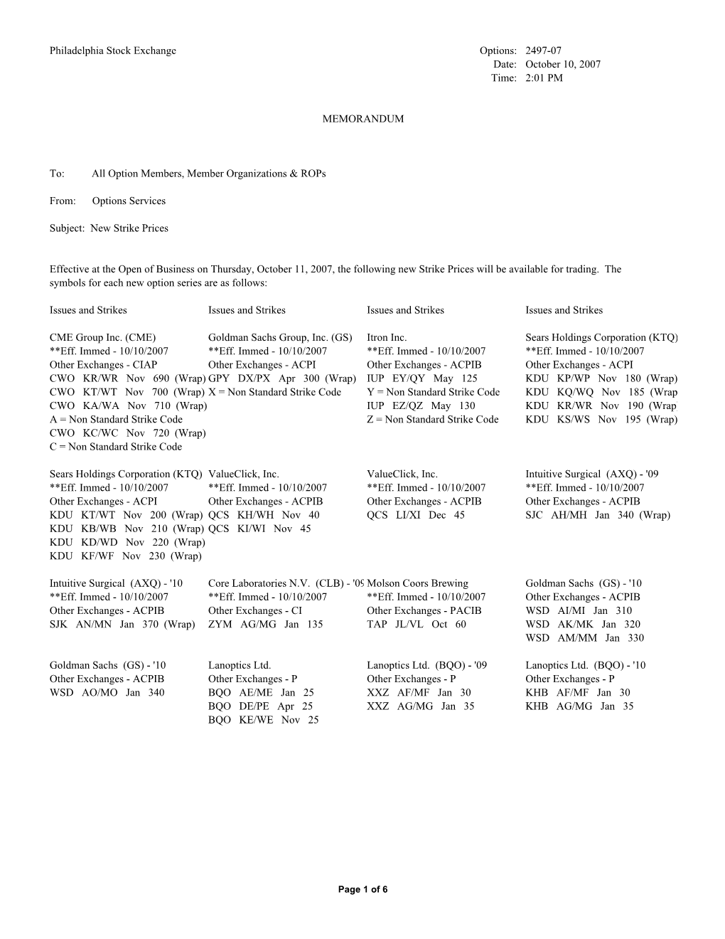Philadelphia Stock Exchange Options: 2497-07 Date: October 10, 2007 Time: 2:01 PM