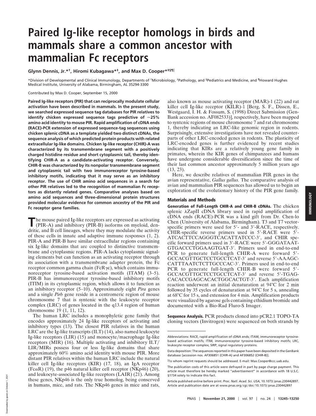 Paired Ig-Like Receptor Homologs in Birds and Mammals Share a Common Ancestor with Mammalian Fc Receptors