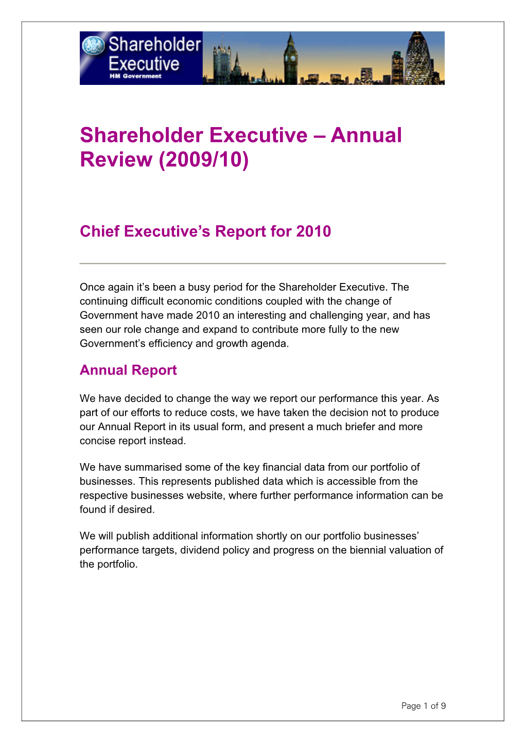 Shareholder Executive – Annual Review (2009/10)