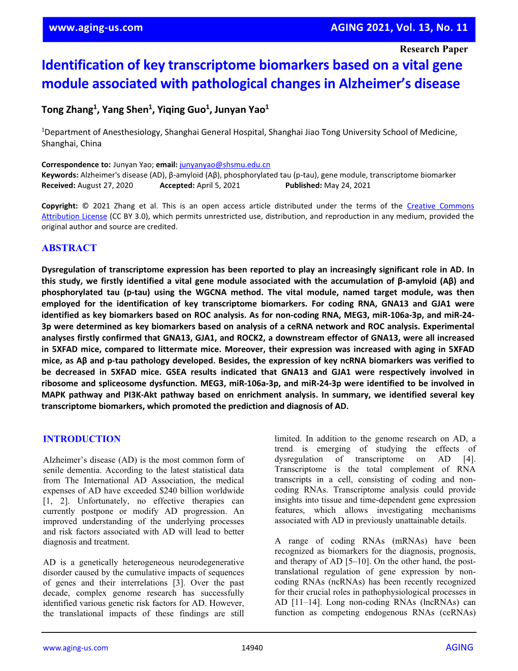 Identification of Key Transcriptome Biomarkers Based on a Vital Gene Module Associated with Pathological Changes in Alzheimer’S Disease