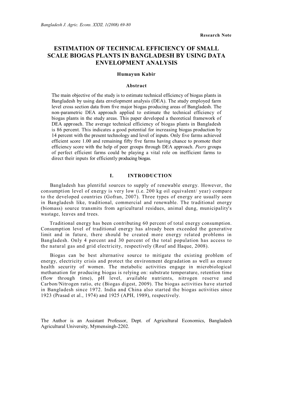 Estimation of Technical Efficiency of Small Scale Biogas Plants in Bangladesh by Using Data Envelopment Analysis