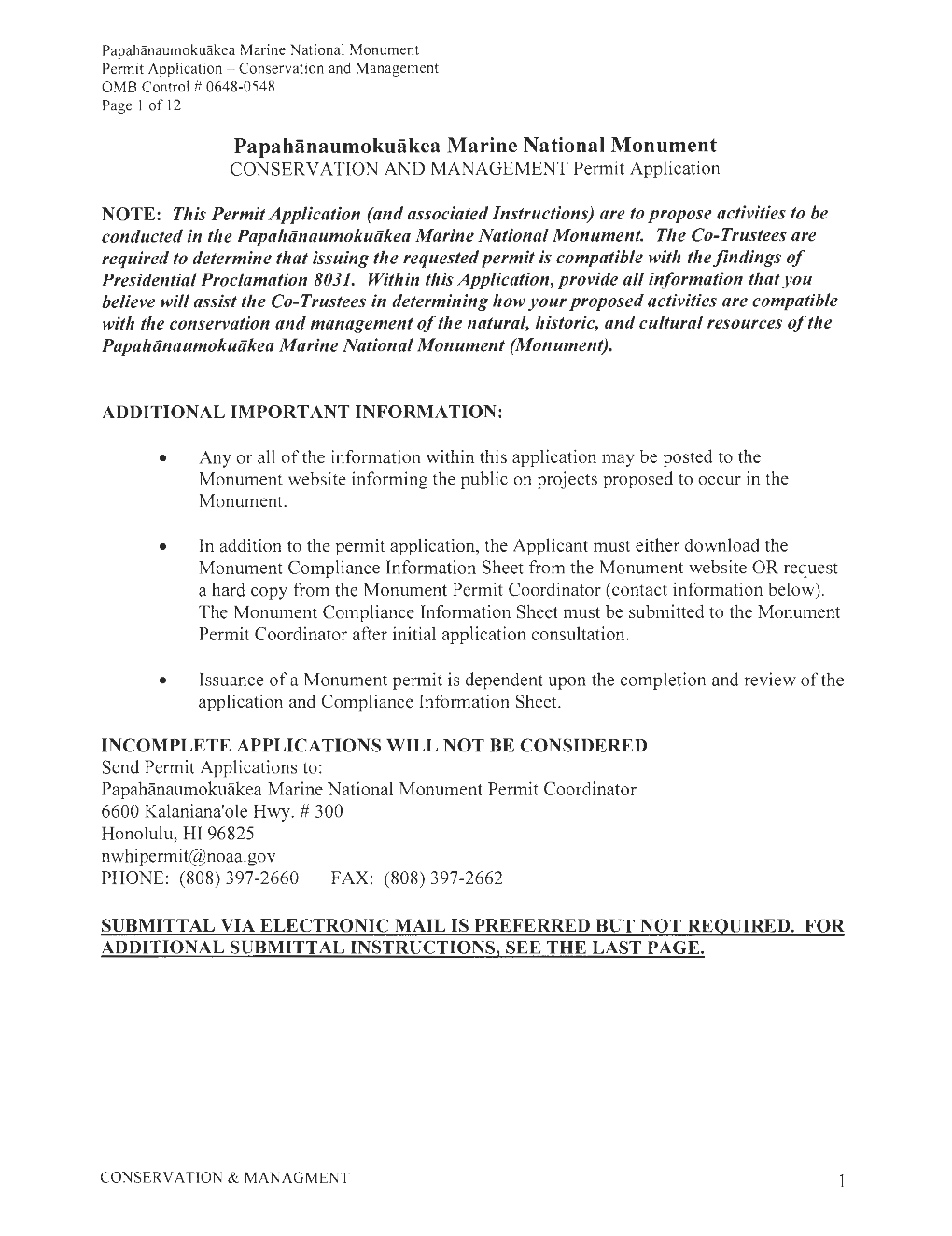 Papahanaumokuakea Marine National Monument Permit Application - Conservation and Management OMB Control # 0648-0548 Page I of 12