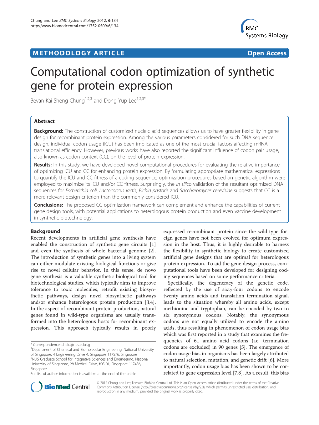 Computational Codon Optimization of Synthetic Gene for Protein Expression Bevan Kai-Sheng Chung1,2,3 and Dong-Yup Lee1,2,3*
