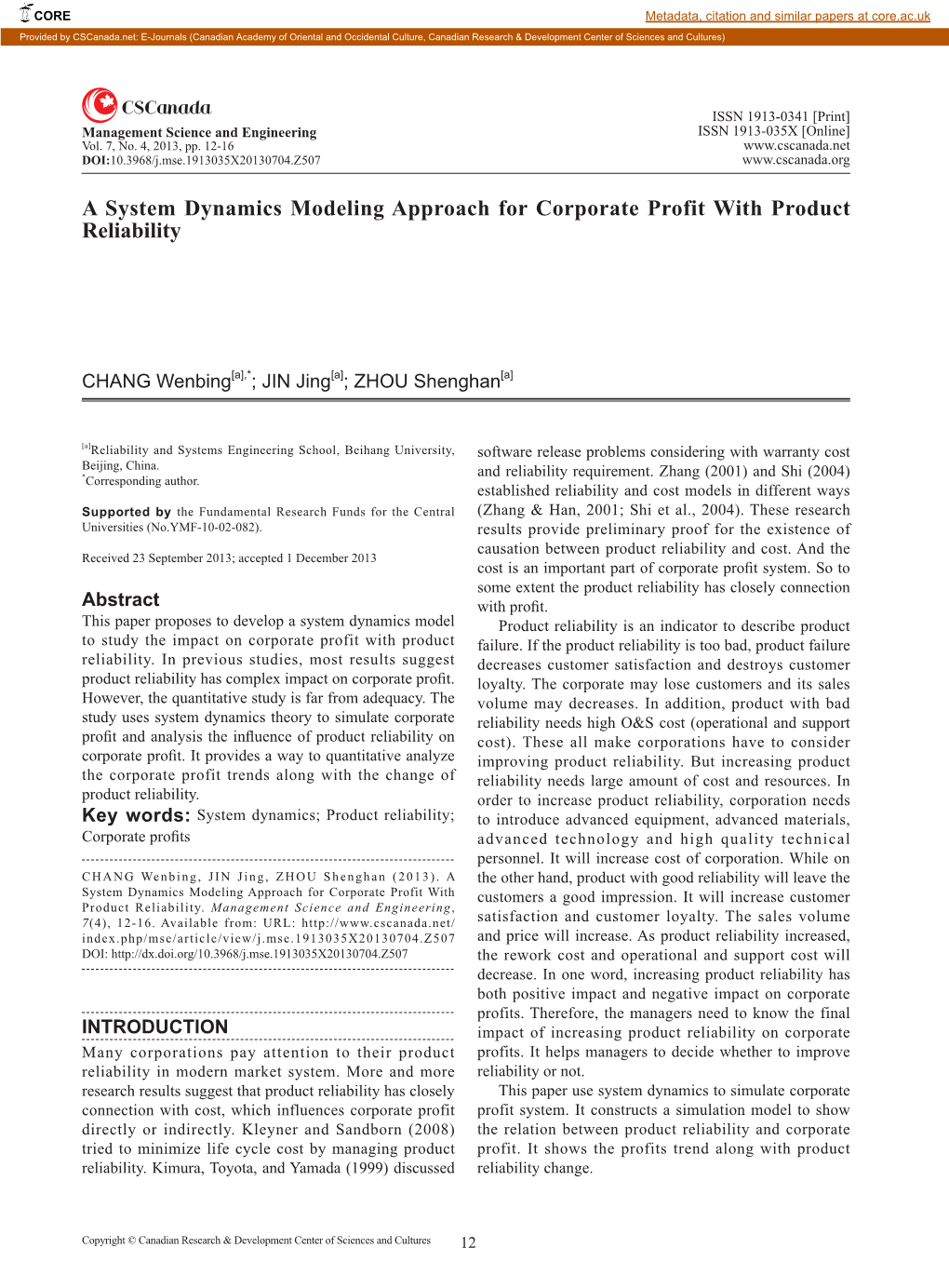 A System Dynamics Modeling Approach for Corporate Profit with Product Reliability