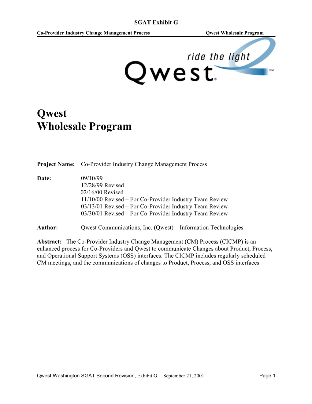 Co-Provider Industry Change Management Processqwest Wholesale Program