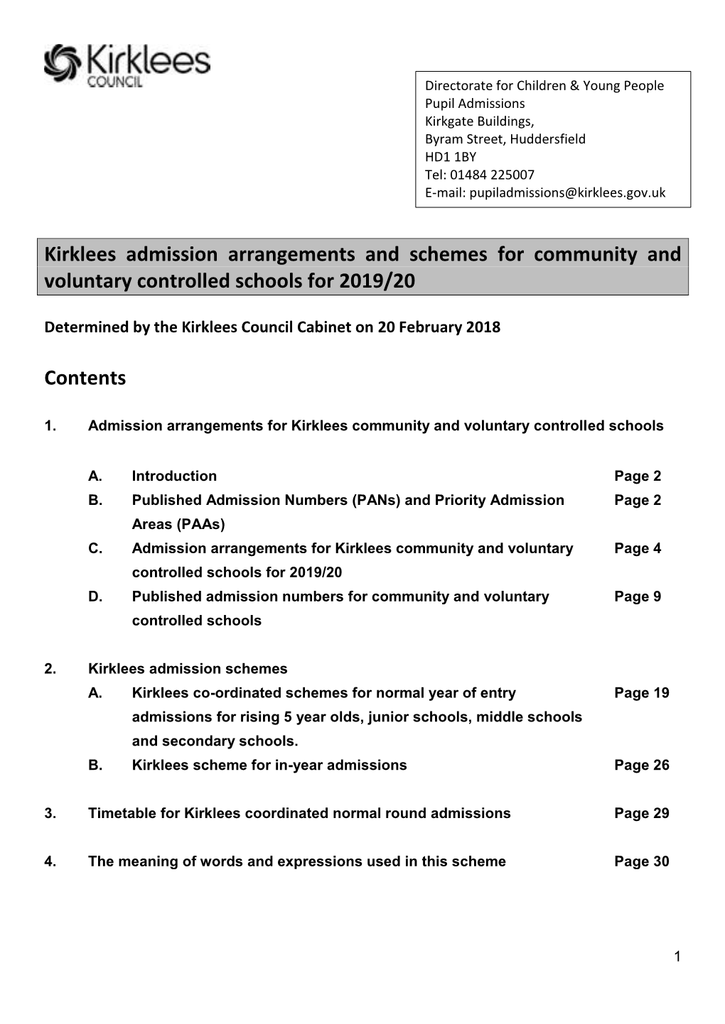 Kirklees Admission Policy 2019 – 2020