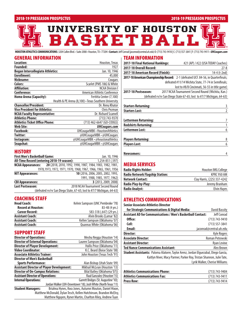 UNIVERSITY of HOUSTON BASKETBALL HOUSTON ATHLETICS COMMUNICATIONS: 3204 Cullen Blvd