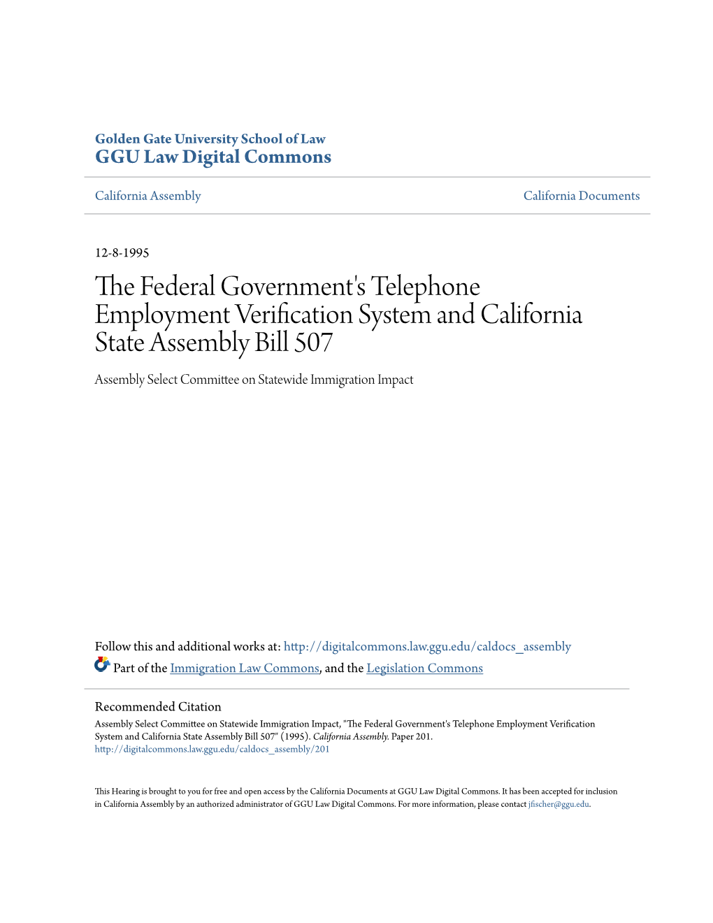 The Federal Government's Telephone Employment Verification System and California State Assembly Bill 507