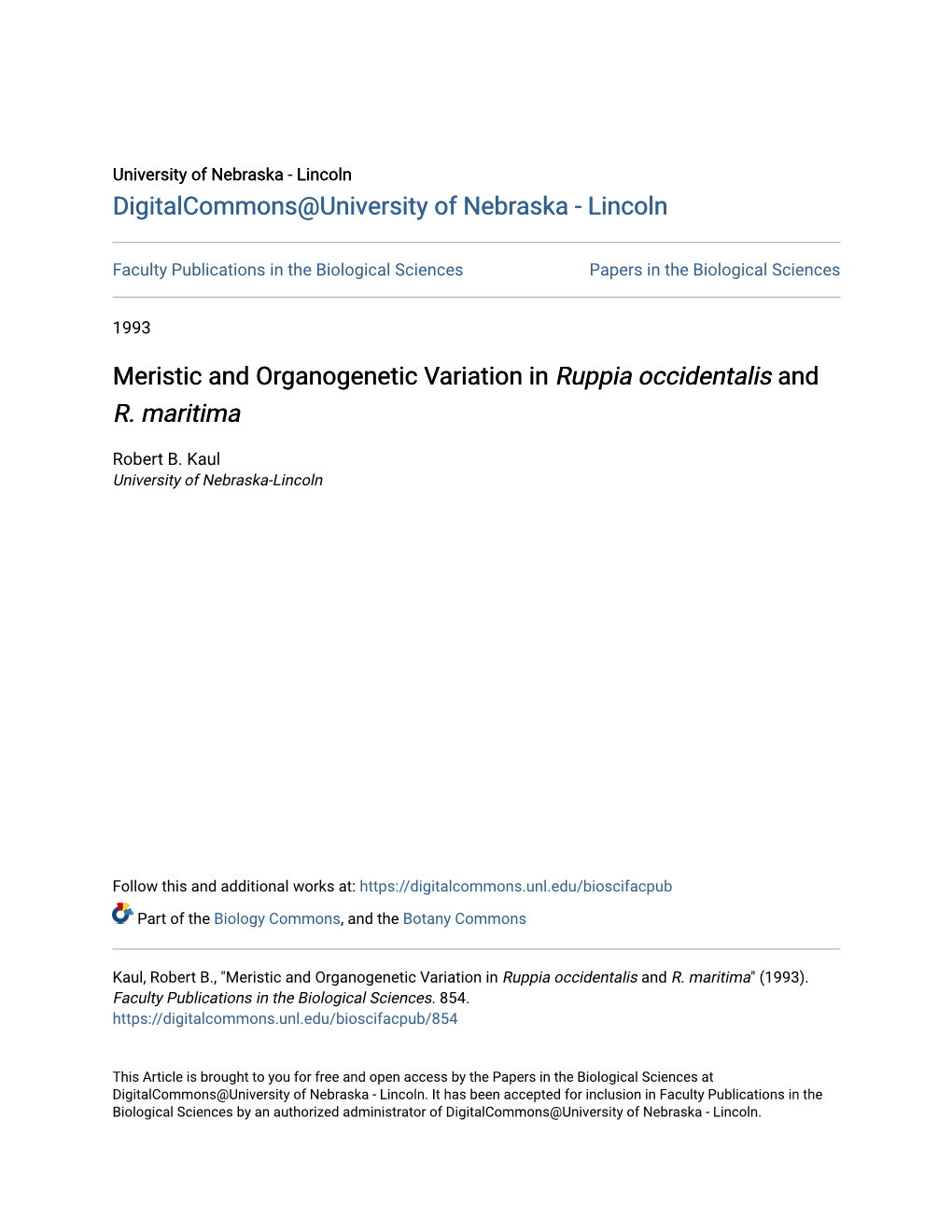 Meristic and Organogenetic Variation in Ruppia Occidentalis and R